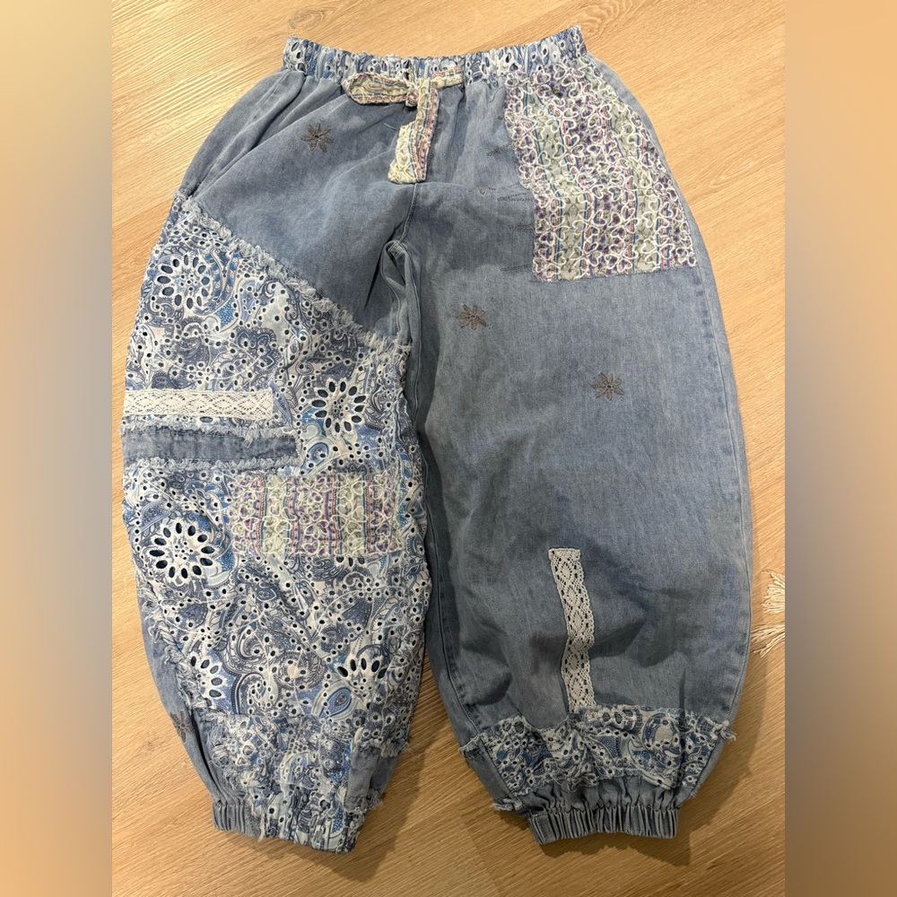POL Patchwork Light Blue Denim jogger pants size small boho harem - Picture 2 of 2